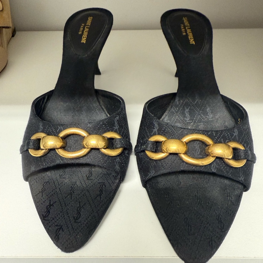 Saint Laurent Black and Gold Heels with Elegant Chain Detail